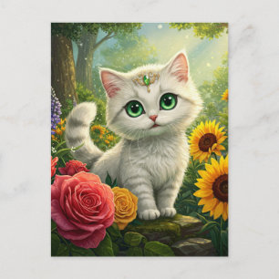 Niedliche weiße Katze Blume Fantasie Grüne Augen P Postkarte