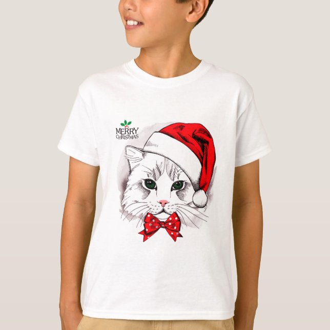 Niedliche weiße Katze Frohe Weihnachten T-Shirt (Vorderseite)