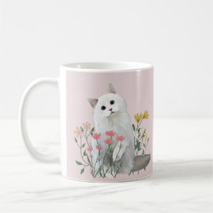Niedliche weiße Katze Fröhliche Blume Rosa Kaffeetasse