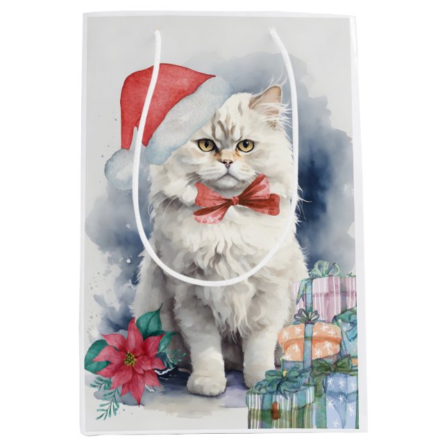Niedliche weiße Katze in Weihnachtsmannmütze Gesch Mittlere Geschenktüte (Vorderseite)