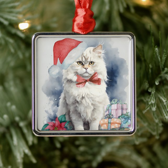 Niedliche weiße Katze in Weihnachtsmannmütze Gesch Ornament Aus Metall (Baum)