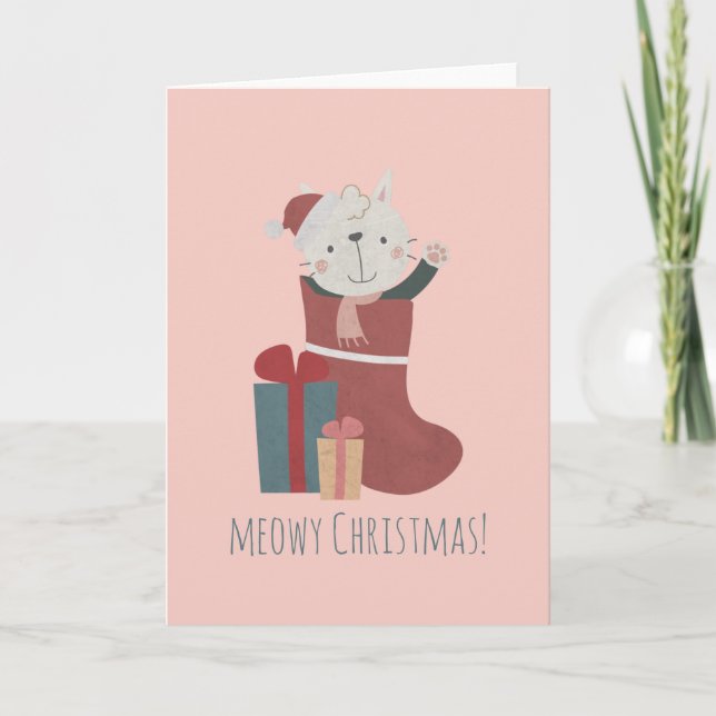 Niedliche weiße Katze in Weihnachtssocken Karte (Vorderseite)