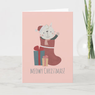 Niedliche weiße Katze in Weihnachtssocken Karte