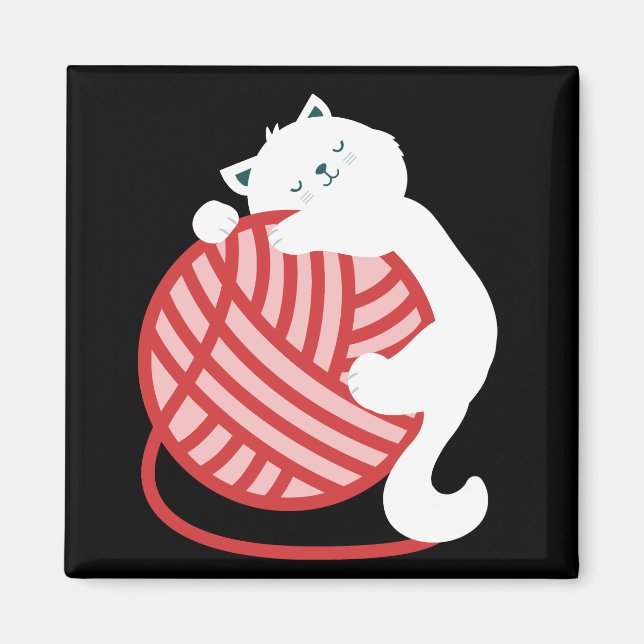Niedliche weiße Katze mit Garnkugel Magnet (Vorne)