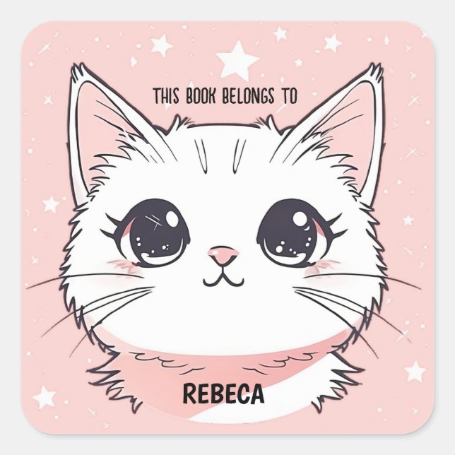 Niedliche weiße Katze Pink Stars Quadratischer Aufkleber (Vorderseite)