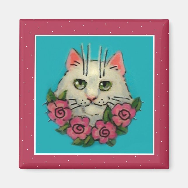Niedliche weiße Katze, rosa Rosenmagnet Magnet (Vorne)