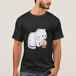 Niedliche weiße Katze trinkt Boba-Blase-Tee T-Shirt