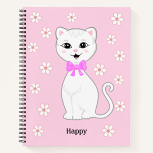 Niedliche weiße Katze und Blumen auf Hellrosa Notizbuch