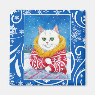 Niedliche weiße Katze, Weihnachtswinternatur Magnet