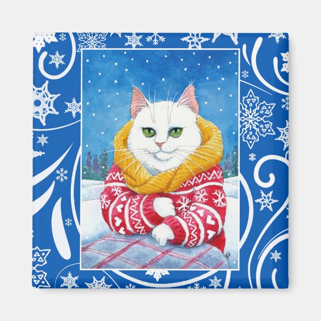 Niedliche weiße Katze, Weihnachtswinternatur Magnet (Vorne)