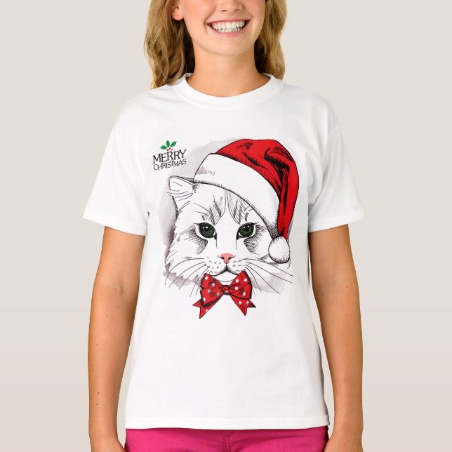 Niedliche weiße Katzen-frohe Weihnachten T-Shirt (Vorderseite)