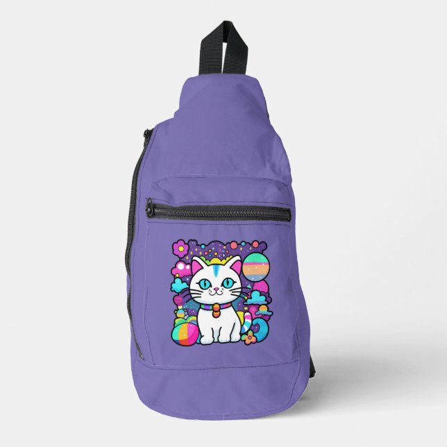 Niedliche weiße kosmische Weltraumkatze Crossbody Bag (Vorderseite)