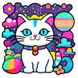 Niedliche weiße kosmische Weltraumkatze Fotoskulptur Magnet<br><div class="desc">Adorable, niedliche, skurrile, weiße Cartoon Kätzchen mit großen blauen Augen, rosa Ohren und einem farbenfrohen Kragen. Sie hat einen niedlichen blau, rosa und weiß gestreiften Schwanz und einen blauen Streifen auf ihrem Kopf. Der Hintergrund ist vor allem lila mit Planeten, Wolken, Sternen und Blume in einer Mischung aus kühnen, hellen...</div>