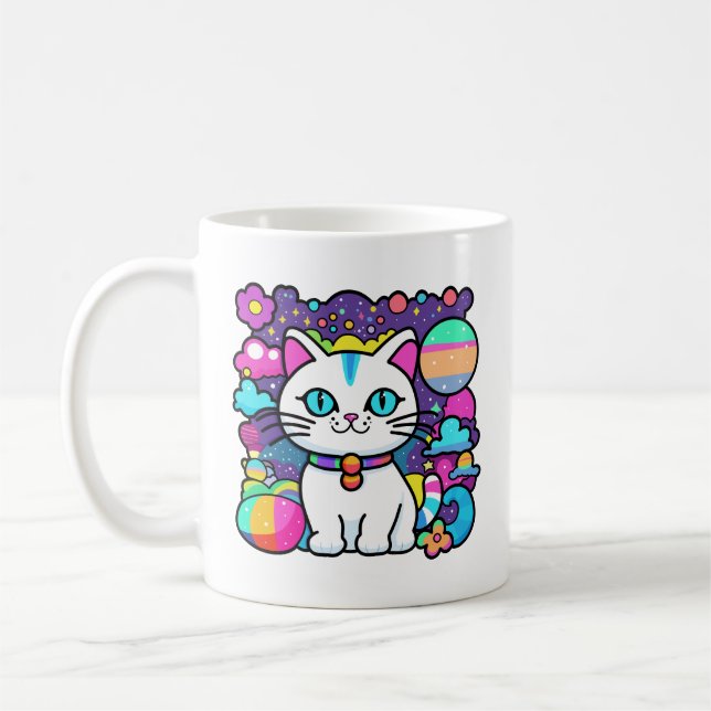 Niedliche weiße kosmische Weltraumkatze Kaffeetasse (Links)