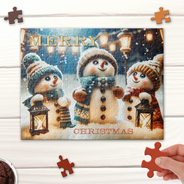 Niedliche weiße Lanterns Snowman Weihnachtspuzzle Puzzle (Whimsical Christmas puzzle featuring cute snowmen watching as tiny snowflakes fall from the sky)
