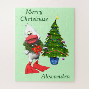 Niedliche weiße Weihnachtsente mit einem Kranz Puzzle