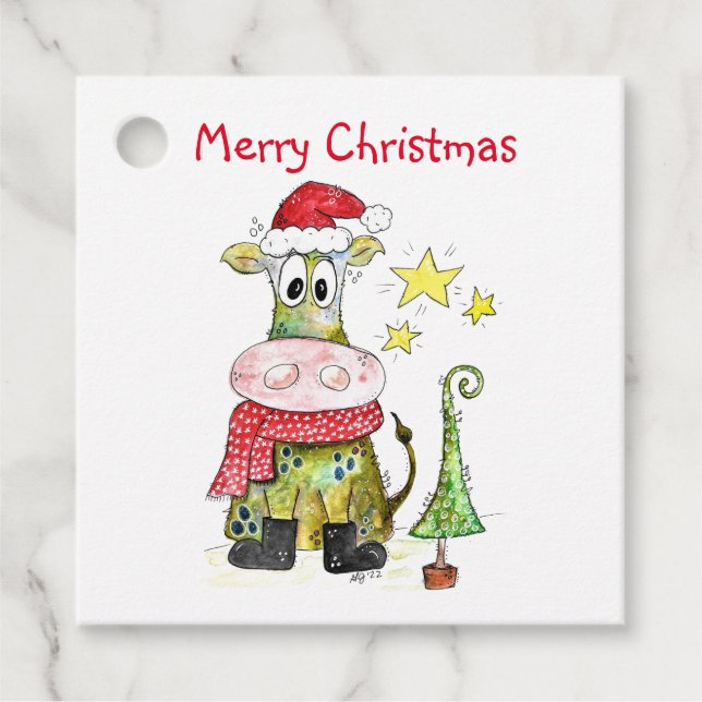 Niedliche weiße Weihnachtskuh Geschenkanhänger (Vorderseite)