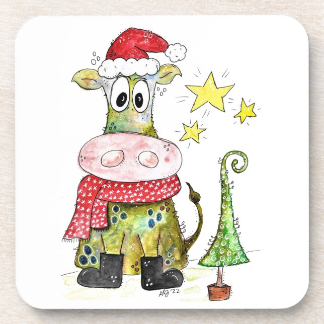 Niedliche weiße Weihnachtskuh Getränkeuntersetzer (Vorderseite)