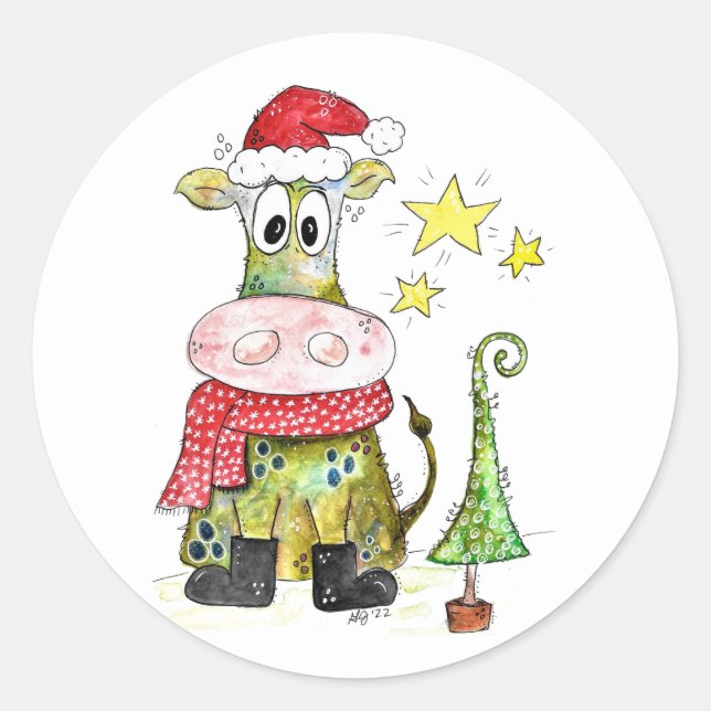 Niedliche weiße Weihnachtskuh Runder Aufkleber (Vorderseite)