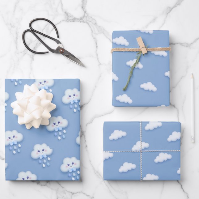 Niedliche weiße Wolke, neunblass blauer Junge Geschenkpapier Set (Vorderseite)