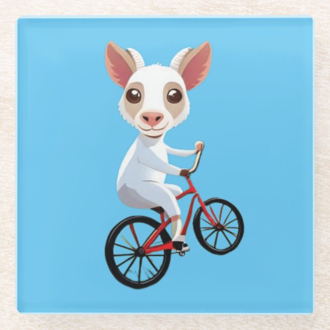 Niedliche, weiße Ziege auf dem Fahrrad Glasuntersetzer (Vorderseite)