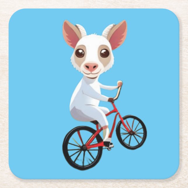 Niedliche, weiße Ziege auf dem Fahrrad Rechteckiger Pappuntersetzer (Vorderseite)