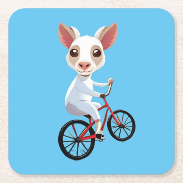 Niedliche, weiße Ziege auf dem Fahrrad Rechteckiger Pappuntersetzer (Vorderseite)