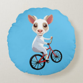 Niedliche, weiße Ziege auf dem Fahrrad Rundes Kissen