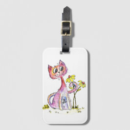 Niedliche weißfarbige rosa Katze mit gelben Blumen Gepäckanhänger