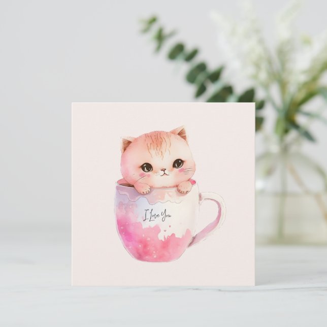 Niedliche weißrosa Katze im Tea Cup (2) (Stehend Vorderseite)