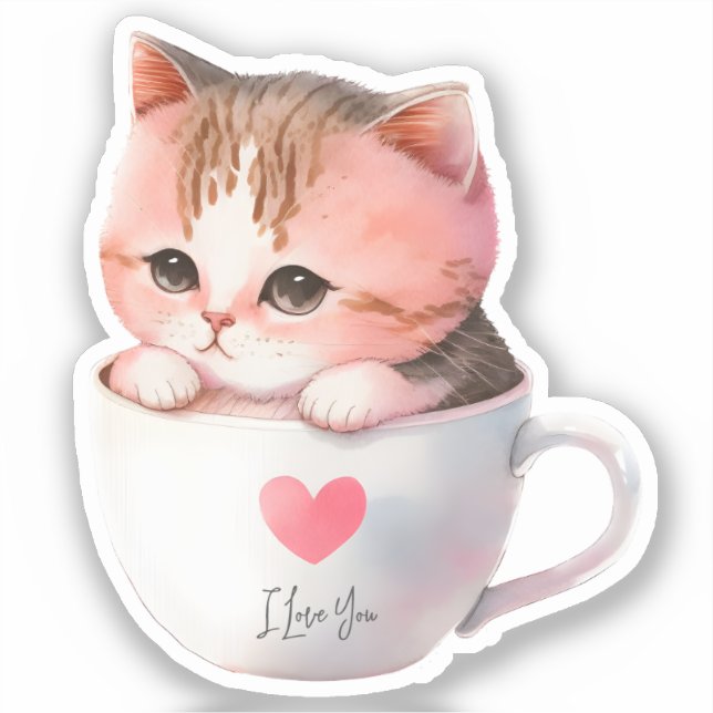 Niedliche weißrosa Katze im Tea Cup (2) Aufkleber (Vorderseite)