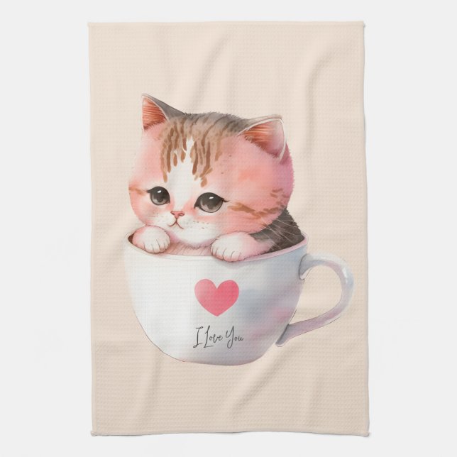 Niedliche weißrosa Katze im Tea Cup (2) Geschirrtuch (Vertikal)