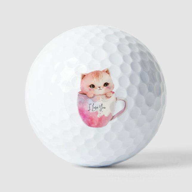 Niedliche weißrosa Katze im Tea Cup (2) Golfball (Vorderseite)