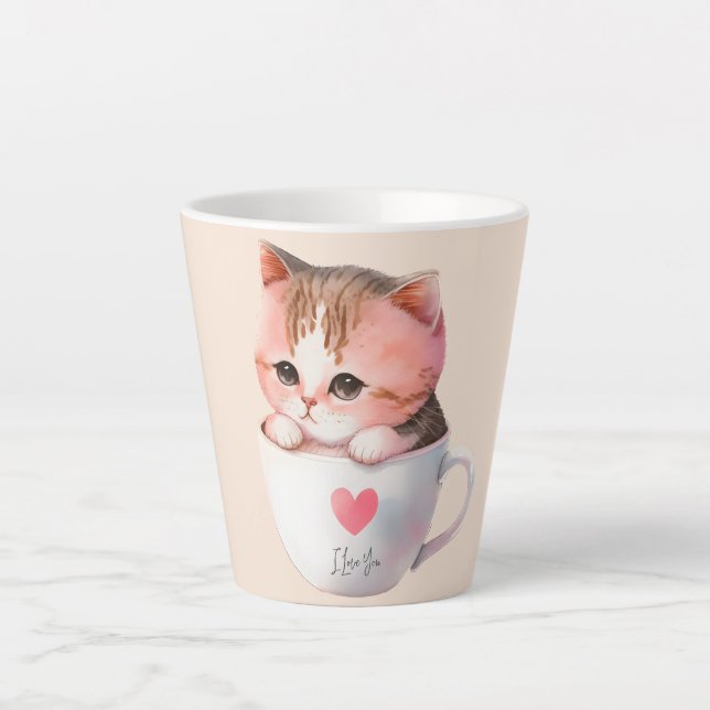 Niedliche weißrosa Katze im Tea Cup (2) Milchtasse (Vorderseite)