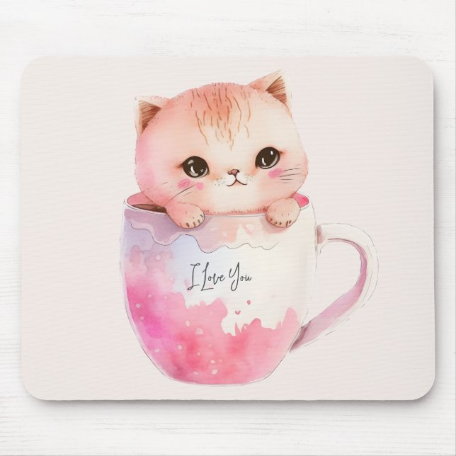 Niedliche weißrosa Katze im Tea Cup (2) Mousepad (Vorne)