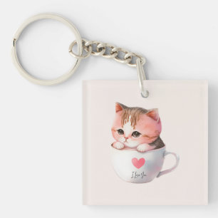 Niedliche weißrosa Katze im Tea Cup (2) Schlüsselanhänger