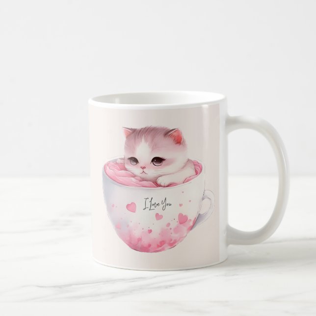 Niedliche weißrosa Katze im Tea Cup (3) Kaffeetasse (Rechts)