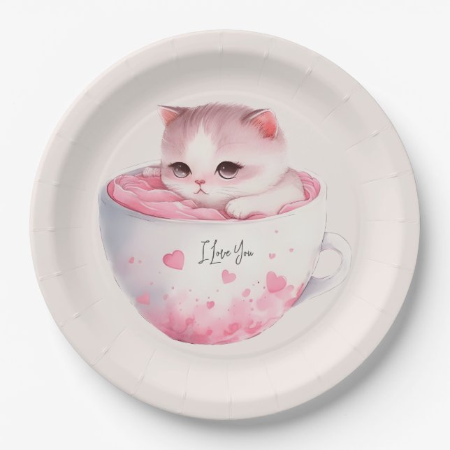 Niedliche weißrosa Katze im Tea Cup (3) Pappteller (Vorderseite)
