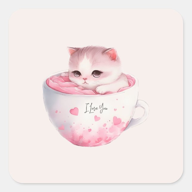 Niedliche weißrosa Katze im Tea Cup (3) Quadratischer Aufkleber (Vorderseite)