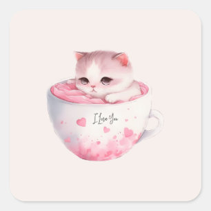 Niedliche weißrosa Katze im Tea Cup (3) Quadratischer Aufkleber