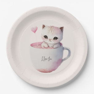 Niedliche weißrosa Katze im Tea Cup (4) Pappteller
