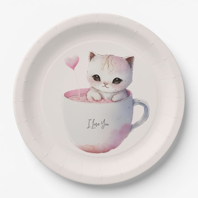 Niedliche weißrosa Katze im Tea Cup (4) Pappteller (Vorderseite)