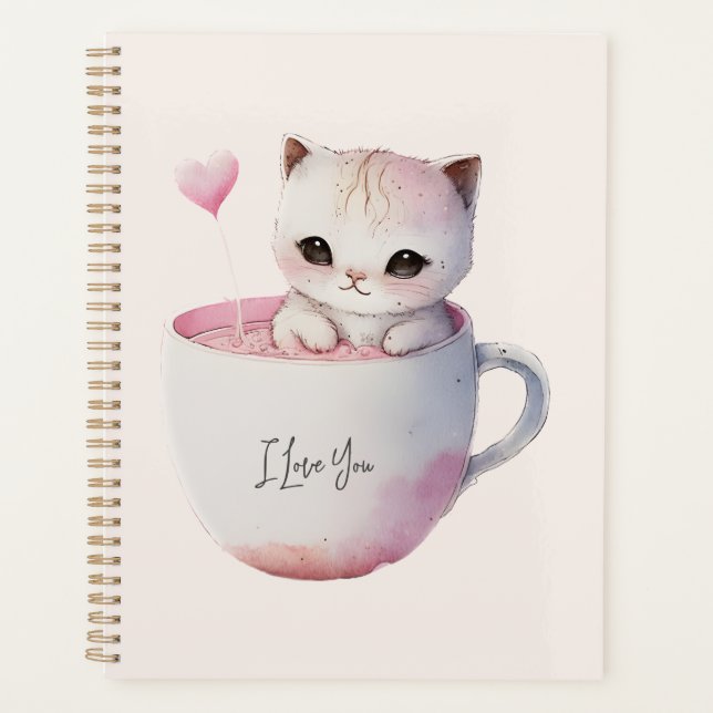 Niedliche weißrosa Katze im Tea Cup (4) Planer (Vorderseite)