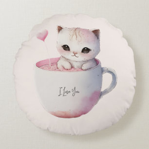 Niedliche weißrosa Katze im Tea Cup (4) Rundes Kissen