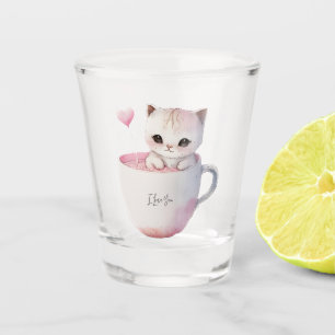 Niedliche weißrosa Katze im Tea Cup (4) Schnapsglas