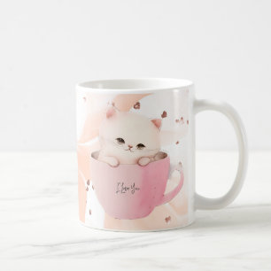 Niedliche weißrosa Katze im Teecup Kaffeetasse