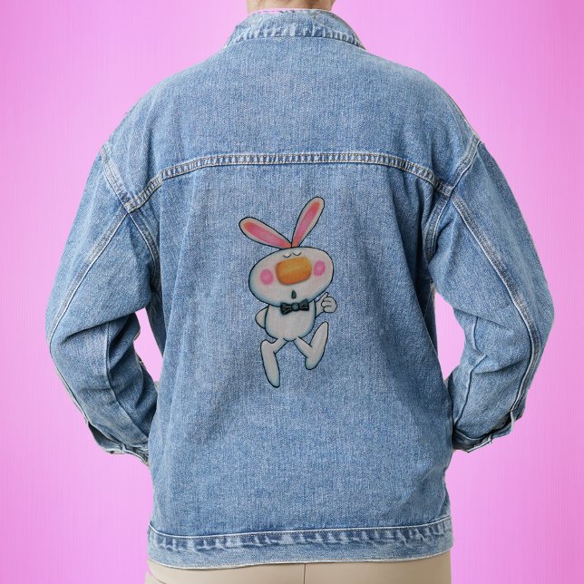 Niedliche Weißrosa Ohren Jeansjacke (Fun white thumbs up bunny rabbit orange nose black bow tie on denim jacket.)