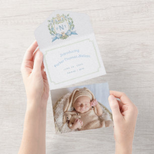 Niedliche Welpe Blue Wappen Monogram Birth Ankündi All In One Einladung