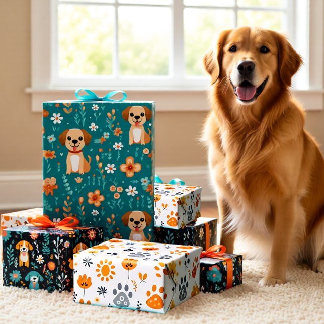 Niedliche Welpe-Blume Set 3 Geschenkpapier Set (Cute Puppy and Flowers Modern Whimsical Wrapping Paper Sheets)