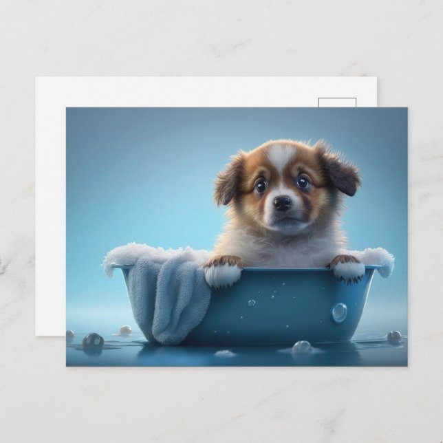 Niedliche Welpe in Blue Bath Tube Postkarte (Vorne/Hinten)